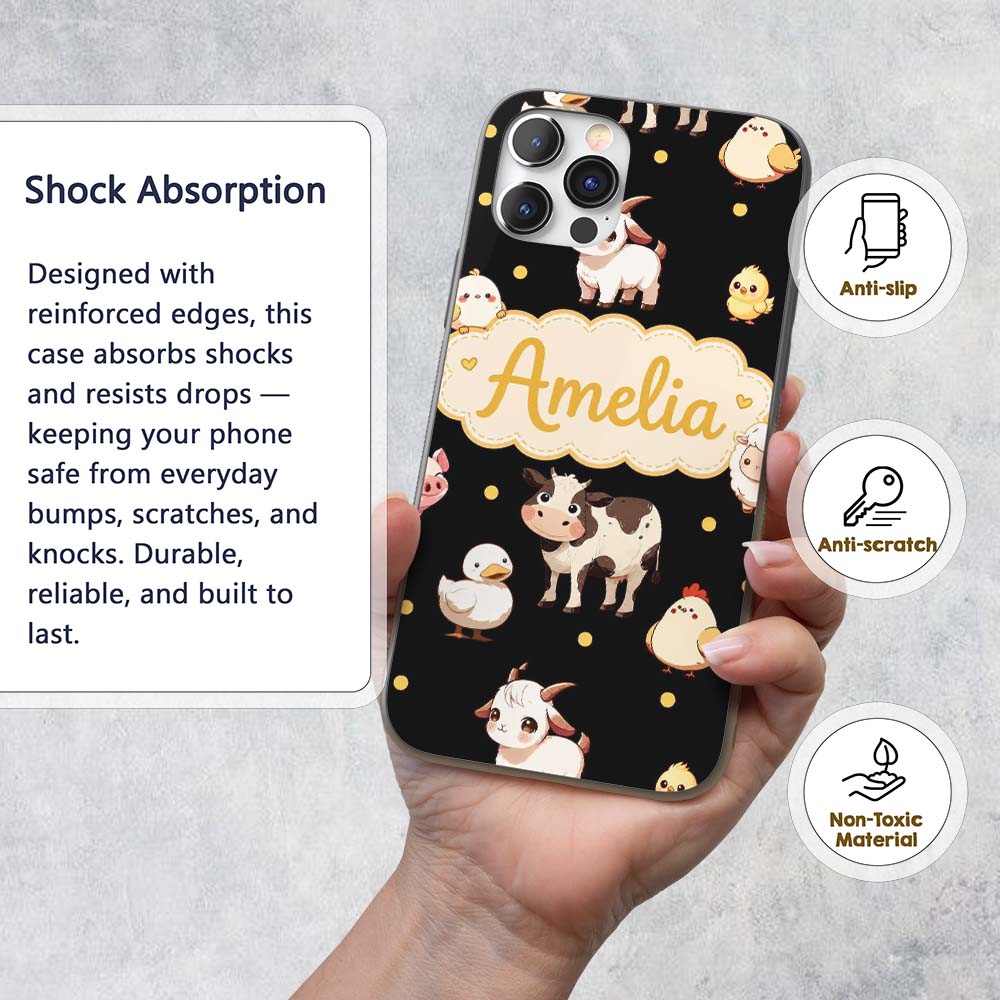 Cute Farm Animals Cow Pig Goat Chicken Duck Sheep Custom Name Protective Phone Case Mobile Cover Durable Everyday Smartphone Shock Resistant
