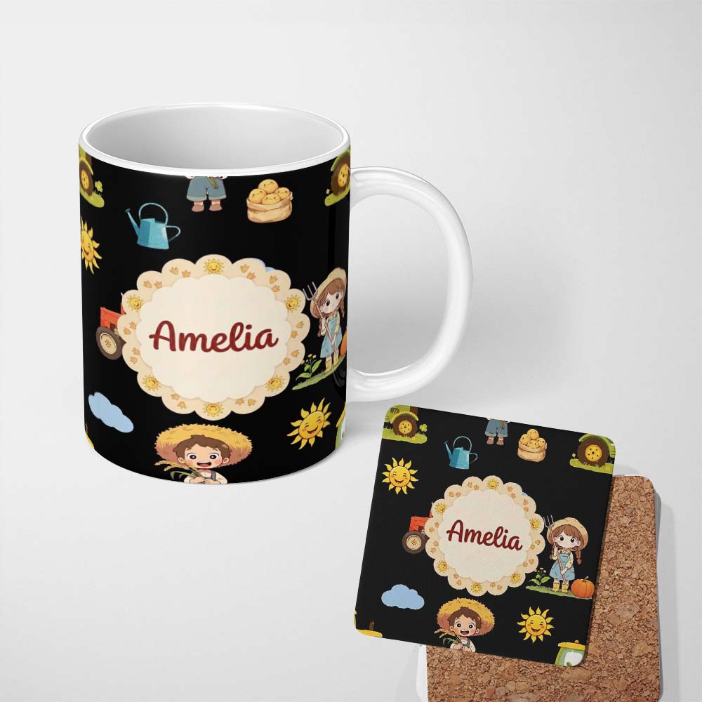 Personalized Custom Name Cute Farm Tractor Farmer Girl Duck Sun Clouds Seamless Pattern 11oz Ceramic Coffee Tea Mug White Large Handle