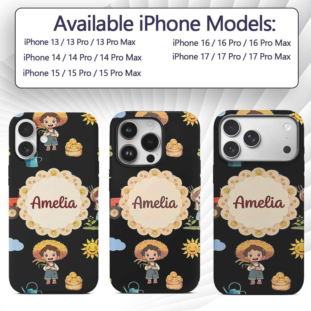 Cute Farm Tractor Farmer Girl Duck Sun Clouds Custom Name Protective Phone Case Mobile Cover Durable Everyday Smartphone Shock Resistant