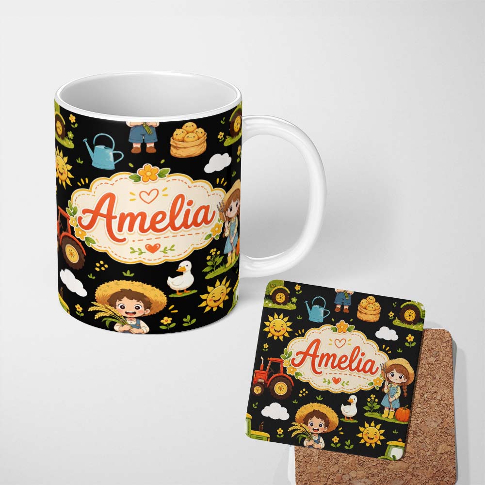 Personalized Custom Name Cute Farm Tractor Farmer Girl Duck Sun Scene Seamless Pattern Name 11oz Ceramic Coffee Tea Mug White Large Handle