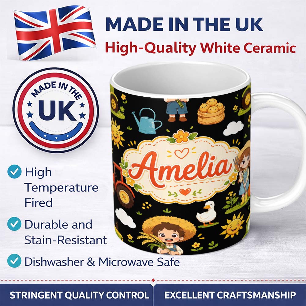 Personalized Custom Name Cute Farm Tractor Farmer Girl Duck Sun Scene Seamless Pattern Name 11oz Ceramic Coffee Tea Mug White Large Handle