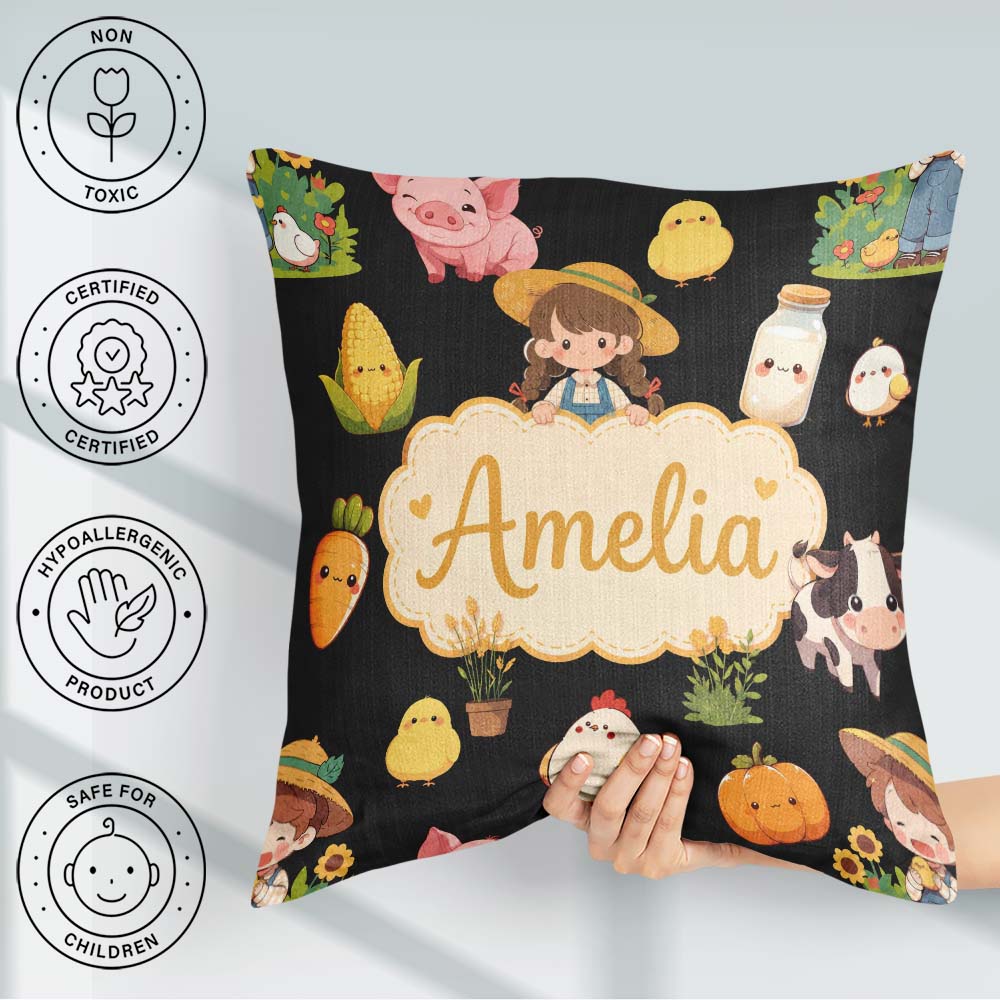 Custom Name Kawaii Farm Girl Cow Milk Corn Animals Seamless Name Square Filled Cushion Throw Pillow Sofa Bed Home Decor Zip Washable UK Made
