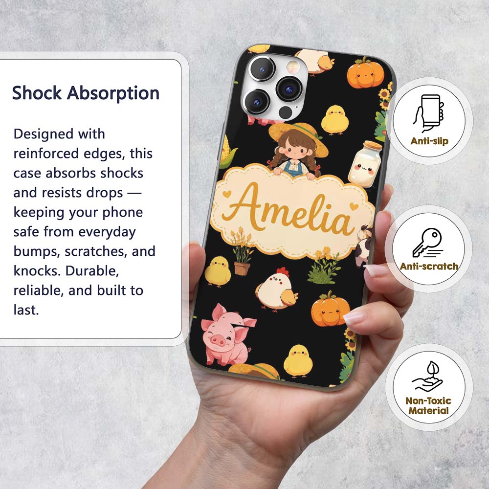 Cute Kawaii Farm Girl Cow Milk Printed Design Custom Name Protective Phone Case Mobile Cover Durable Everyday Smartphone Shock Resistant