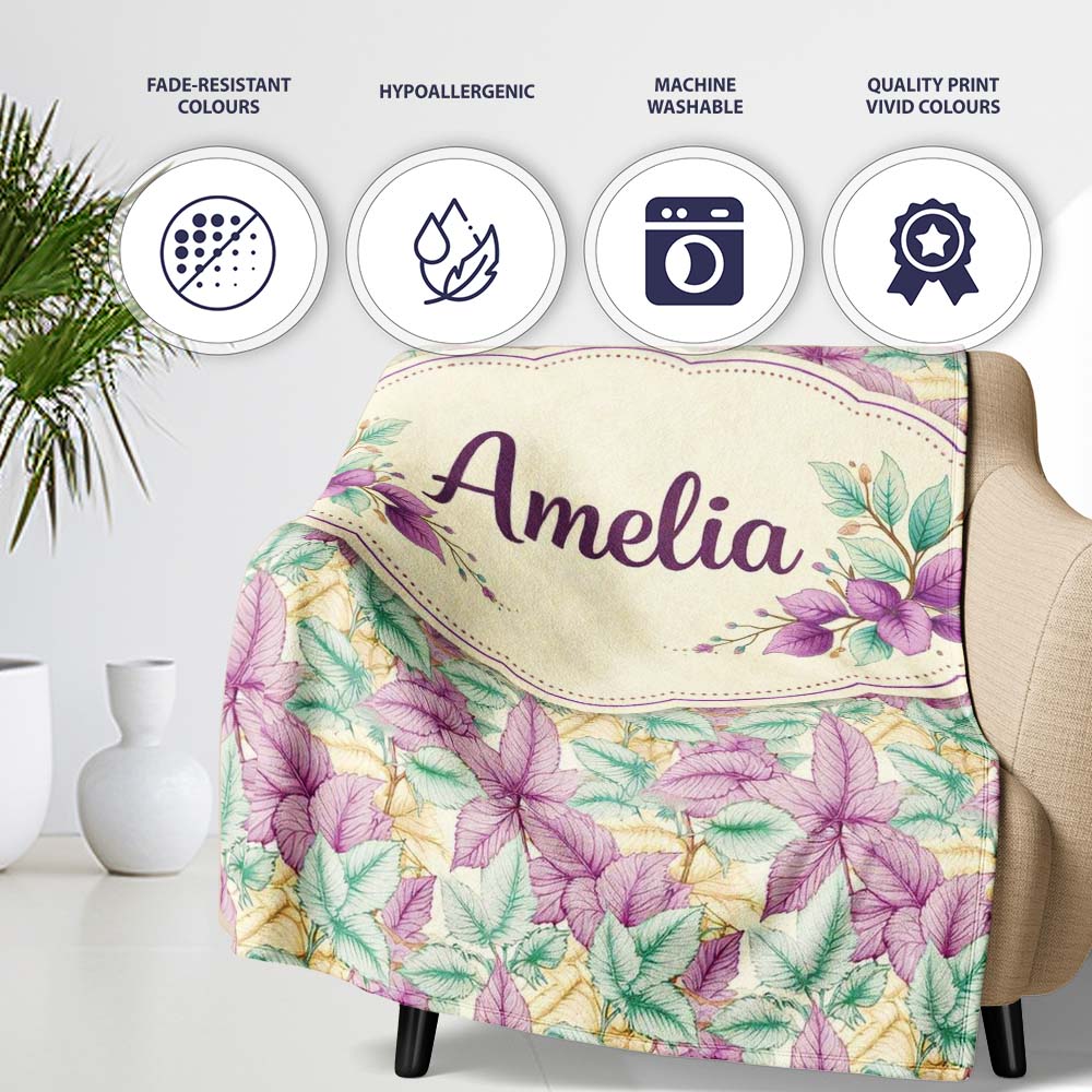 Light Pastel Botanical Leaves Elegant Seamless Pattern Lovely Personalised Custom Name Super Soft Fleece Blanket Bed Sofa Throw
