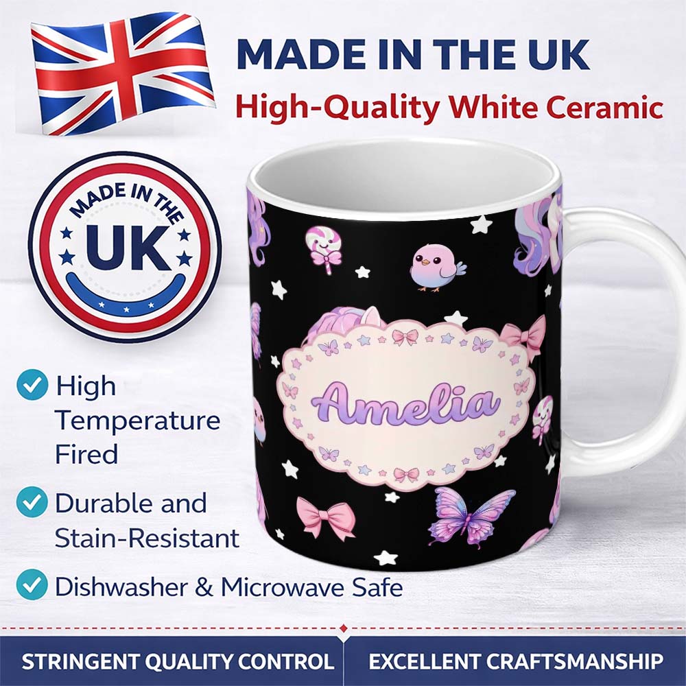 Personalized Custom Name Cute Pastel Unicorn Bird Candy Butterfly Seamless Pattern Name 11oz Ceramic Coffee Tea Mug White Large Handle