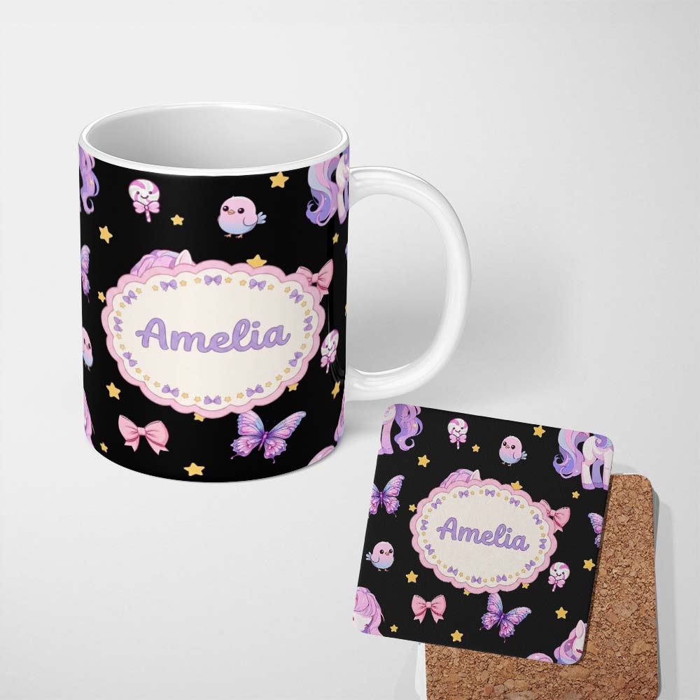Personalized Custom Name Cute Pastel Unicorn Bird Candy Stars Seamless Pattern Name Unique 11oz Ceramic Coffee Tea Mug White Large Handle