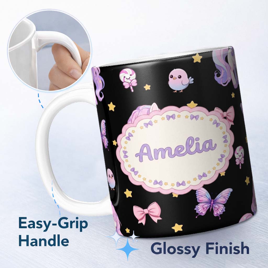 Personalized Custom Name Cute Pastel Unicorn Bird Candy Stars Seamless Pattern Name Unique 11oz Ceramic Coffee Tea Mug White Large Handle