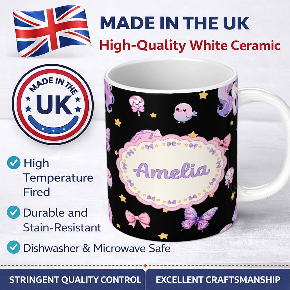 Personalized Custom Name Cute Pastel Unicorn Bird Candy Stars Seamless Pattern Name Unique 11oz Ceramic Coffee Tea Mug White Large Handle