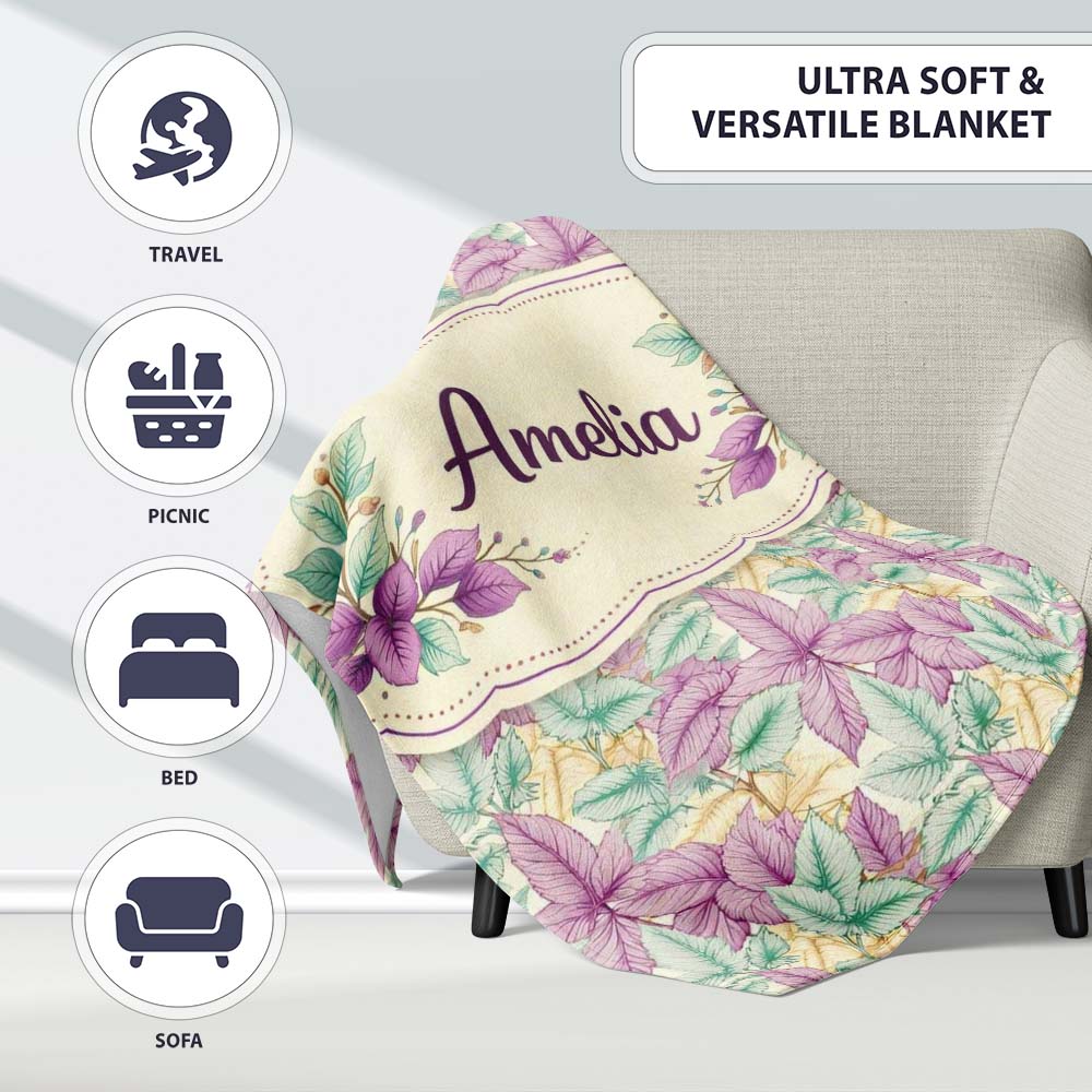 Light Pastel Botanical Leaves Elegant Seamless Pattern Lovely Personalised Custom Name Super Soft Fleece Blanket Bed Sofa Throw