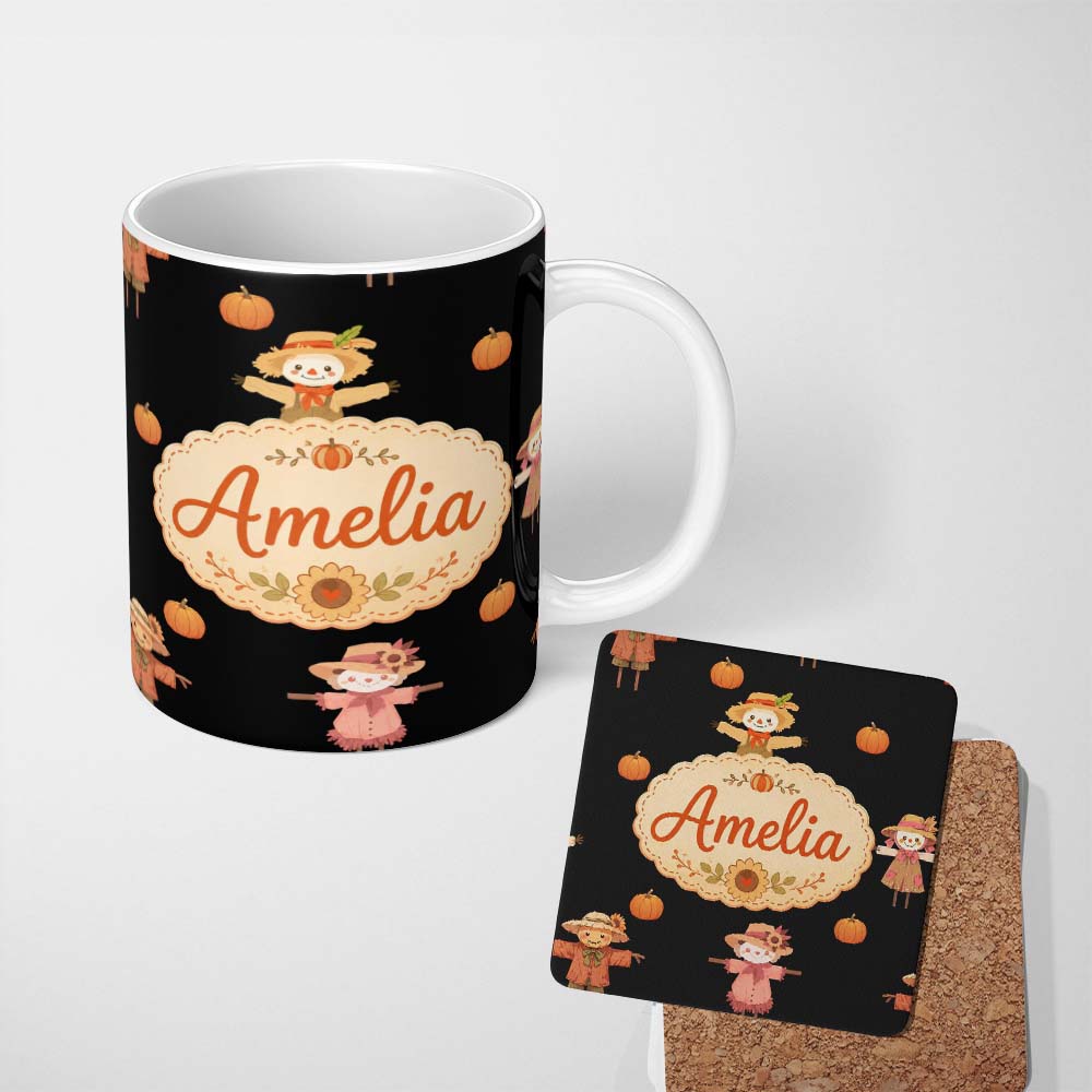 Personalized Custom Name Cute Autumn Scarecrow Pumpkin Birds Seamless Pattern Name Unique 11oz Ceramic Coffee Tea Mug White Large Handle