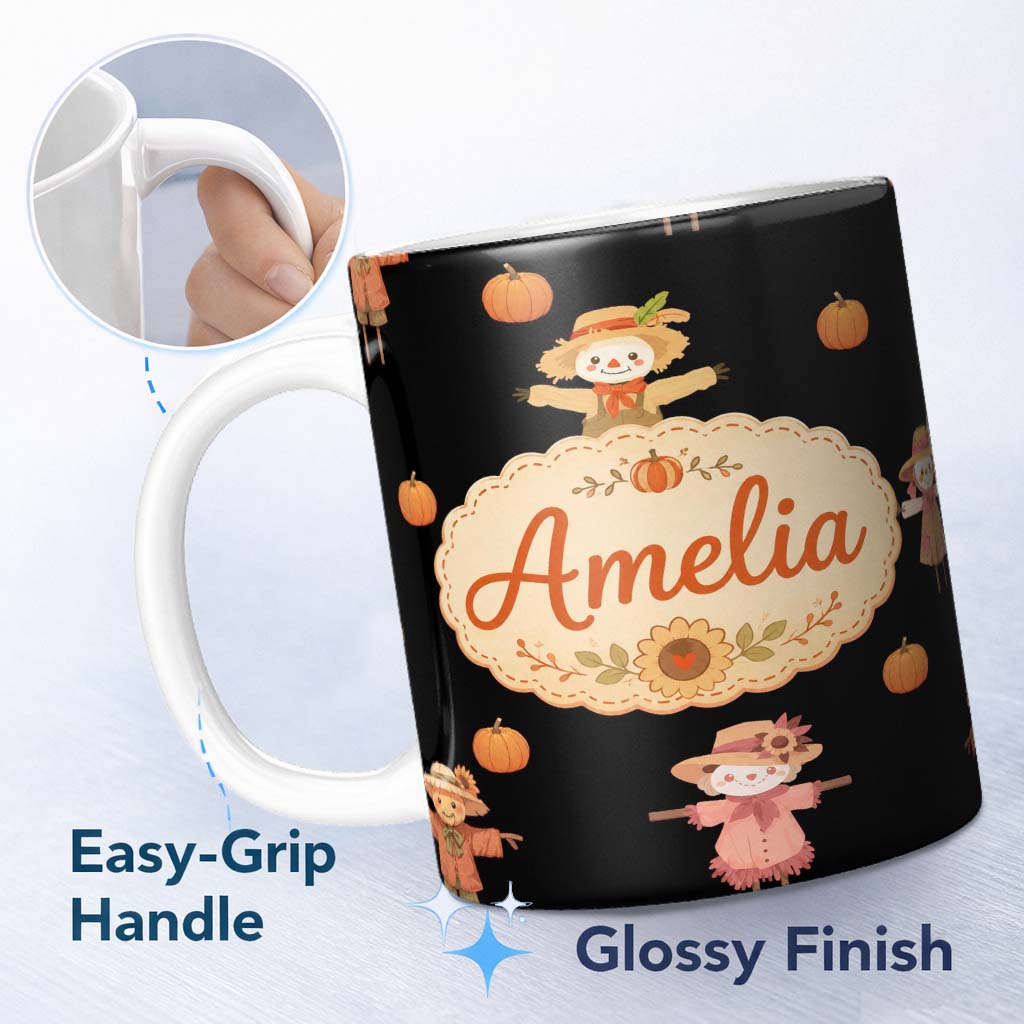 Personalized Custom Name Cute Autumn Scarecrow Pumpkin Birds Seamless Pattern Name Unique 11oz Ceramic Coffee Tea Mug White Large Handle