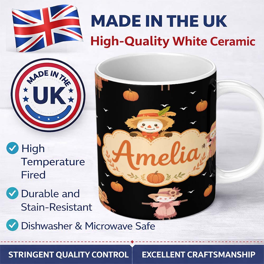 Personalized Custom Name Cute Autumn Scarecrow Pumpkin Farm Theme Seamless Pattern Name 11oz Ceramic Coffee Tea Mug White Large Handle