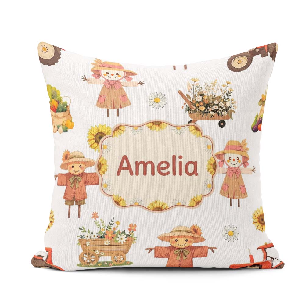 Custom Name Farm Barn Scarecrow Sunflower Flowers Seamless Name Square Filled Cushion Throw Pillow Sofa Bed Home Decor Zip Washable UK Made