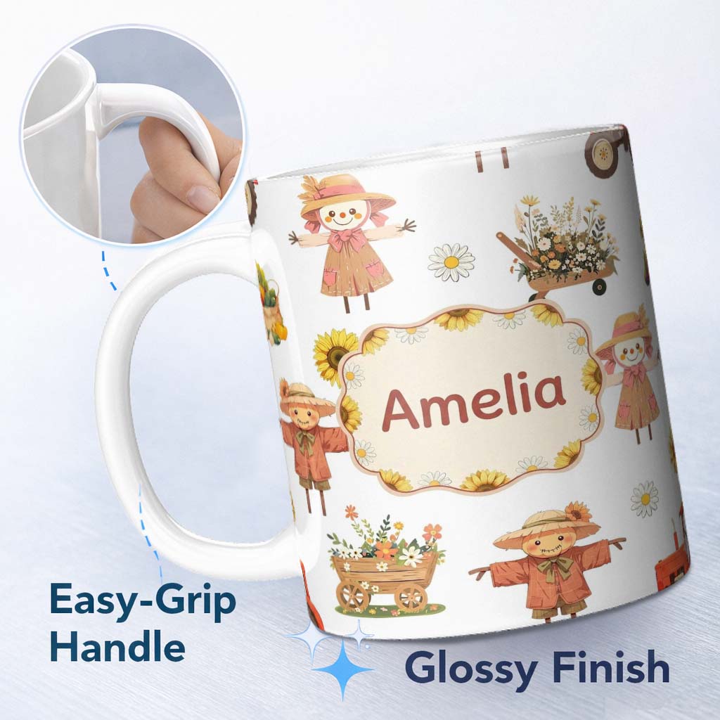 Personalized Custom Name Cute Farm Barn Scarecrow Sunflower Flowers Seamless Pattern Name 11oz Ceramic Coffee Tea Mug White Large Handle