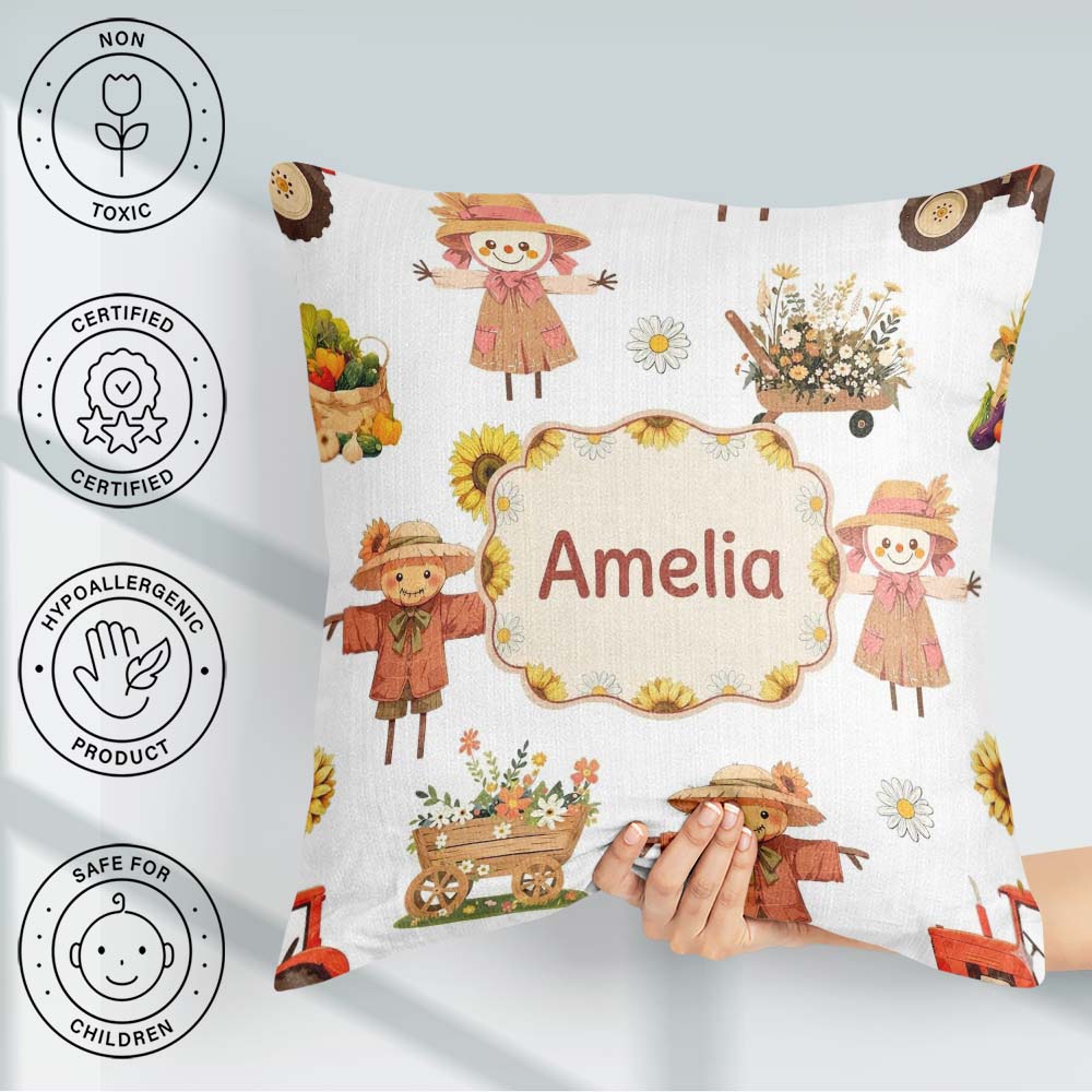 Custom Name Farm Barn Scarecrow Sunflower Flowers Seamless Name Square Filled Cushion Throw Pillow Sofa Bed Home Decor Zip Washable UK Made
