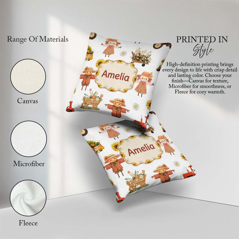 Custom Name Farm Barn Scarecrow Sunflower Flowers Seamless Name Square Filled Cushion Throw Pillow Sofa Bed Home Decor Zip Washable UK Made