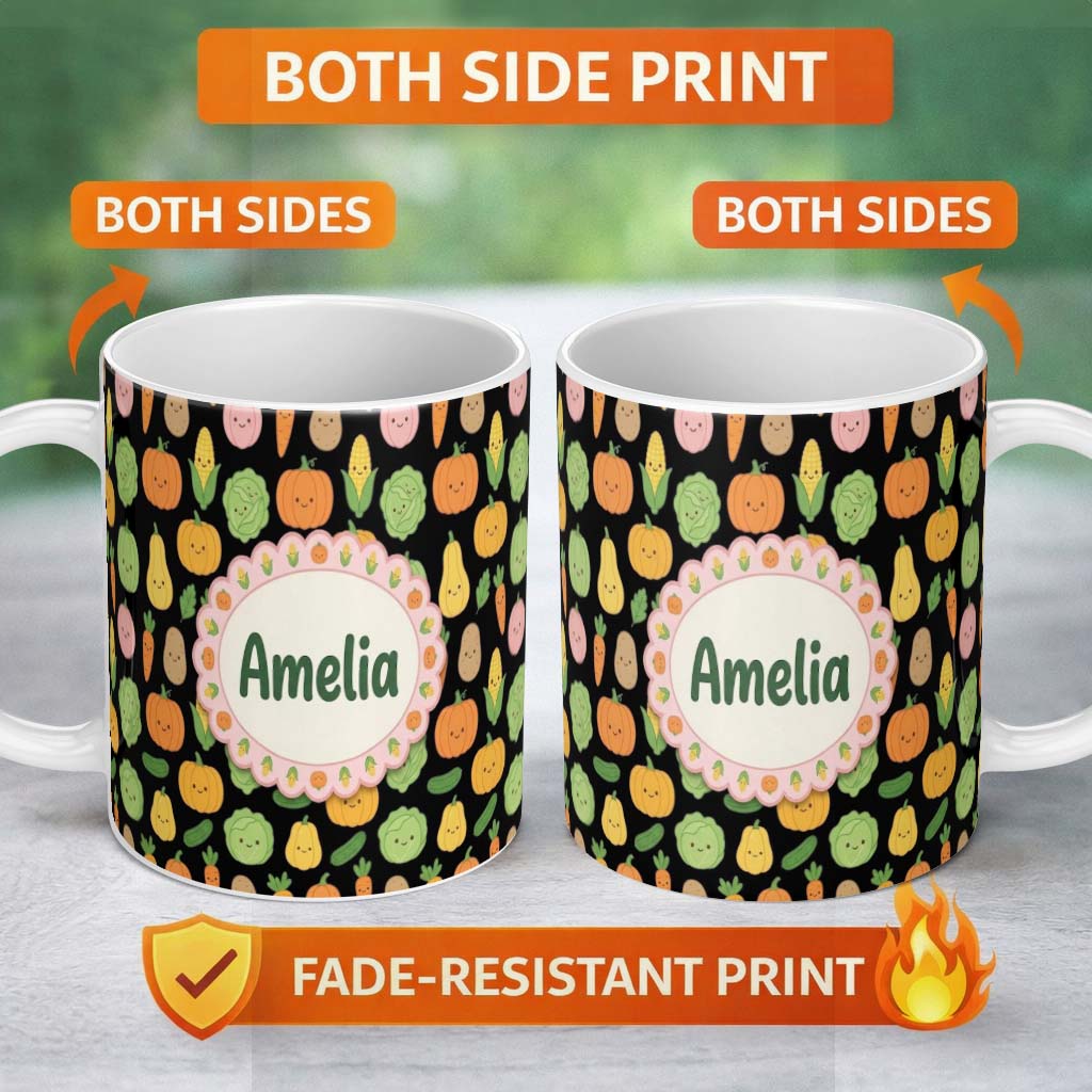 Personalized Custom Name Cute Kawaii Vegetables Corn Carrot Cabbage Pumpkin Seamless Pattern 11oz Ceramic Coffee Tea Mug White Large Handle