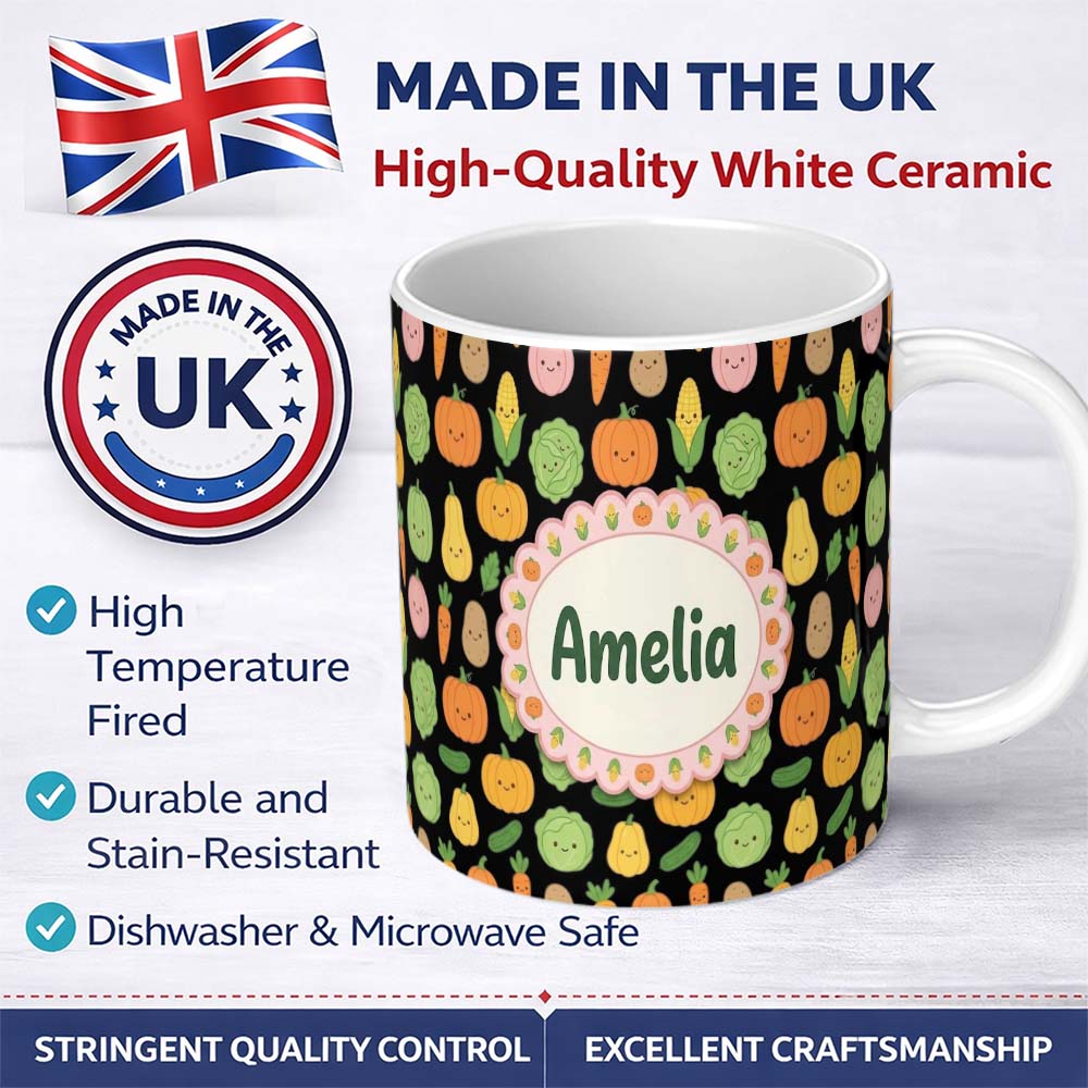 Personalized Custom Name Cute Kawaii Vegetables Corn Carrot Cabbage Pumpkin Seamless Pattern 11oz Ceramic Coffee Tea Mug White Large Handle