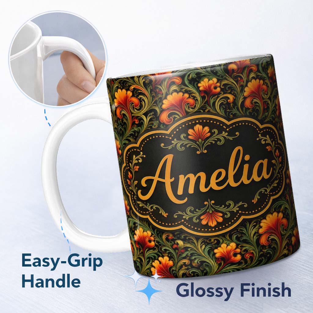 Personalized Custom Name Elegant Vintage Floral Orange Green Classic Seamless Pattern Name 11oz Ceramic Coffee Tea Mug White Large Handle