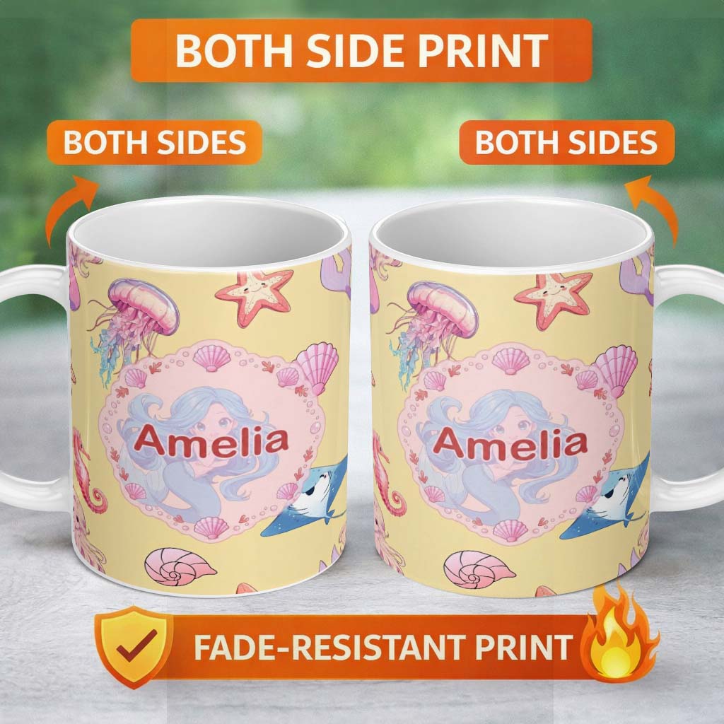 Personalized Custom Name Cute Blue Mermaid Jellyfish Seahorse and Ocean Creatures Soft Yellow 11oz Ceramic Coffee Tea Mug White Large Handle