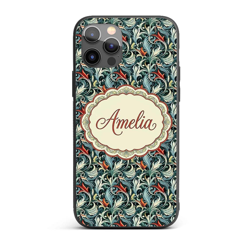 Elegant Vintage Floral Blue Cream Ornate Seamless Custom Name Protective Phone Case Mobile Cover Durable Everyday Smartphone Shock Resistant