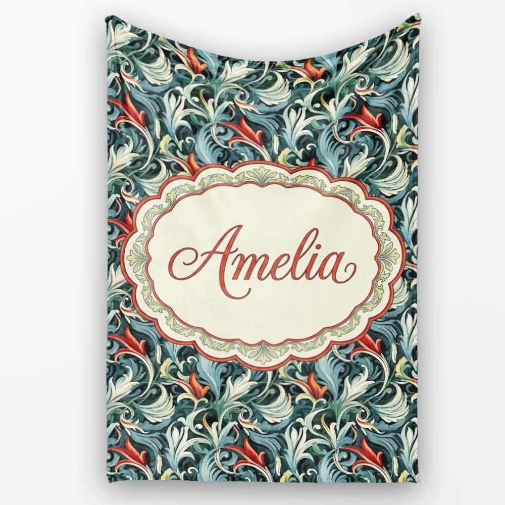 Elegant Vintage Floral Blue Cream Ornate Seamless Pattern Custom Personalised Custom Name Super Soft Fleece Blanket Bed Sofa Throw