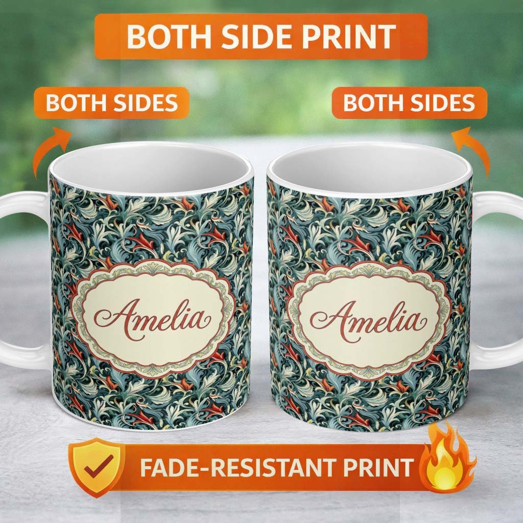 Personalized Custom Name Elegant Vintage Floral Blue Cream Ornate Seamless Pattern Custom 11oz Ceramic Coffee Tea Mug White Large Handle
