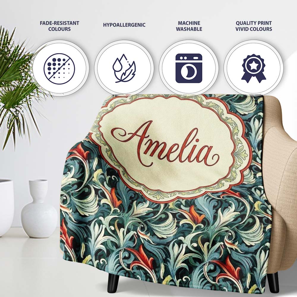 Elegant Vintage Floral Blue Cream Ornate Seamless Pattern Custom Personalised Custom Name Super Soft Fleece Blanket Bed Sofa Throw