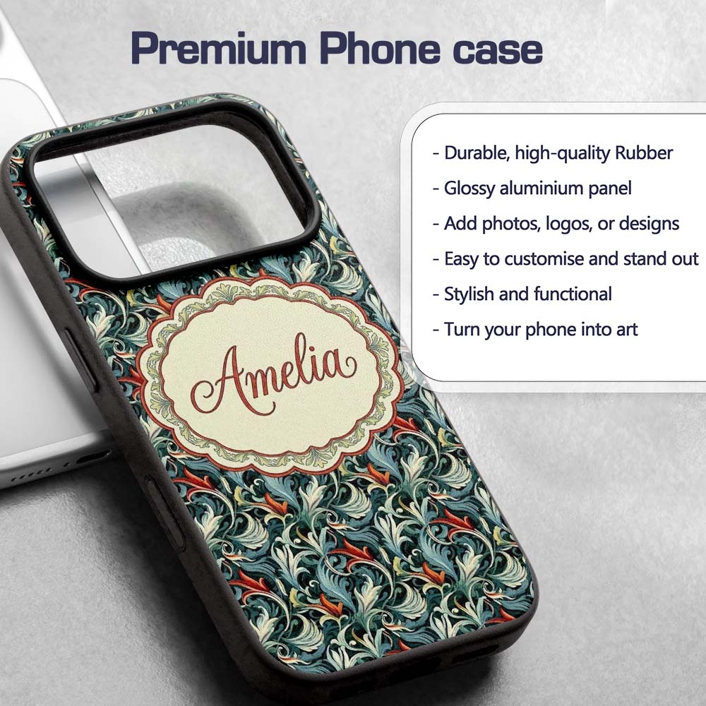 Elegant Vintage Floral Blue Cream Ornate Seamless Custom Name Protective Phone Case Mobile Cover Durable Everyday Smartphone Shock Resistant