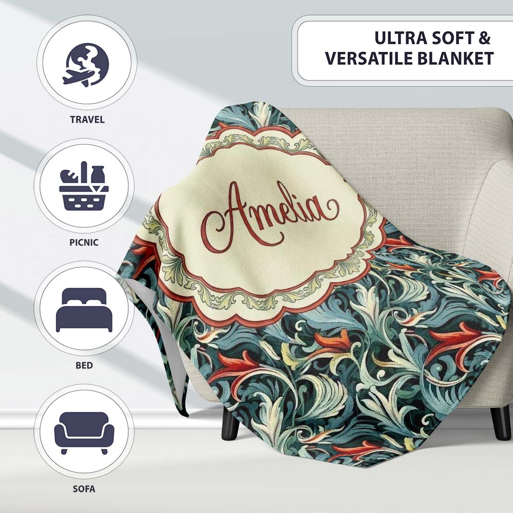 Elegant Vintage Floral Blue Cream Ornate Seamless Pattern Custom Personalised Custom Name Super Soft Fleece Blanket Bed Sofa Throw