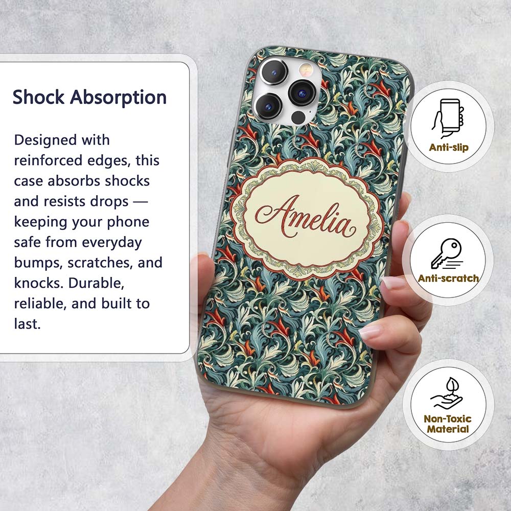 Elegant Vintage Floral Blue Cream Ornate Seamless Custom Name Protective Phone Case Mobile Cover Durable Everyday Smartphone Shock Resistant