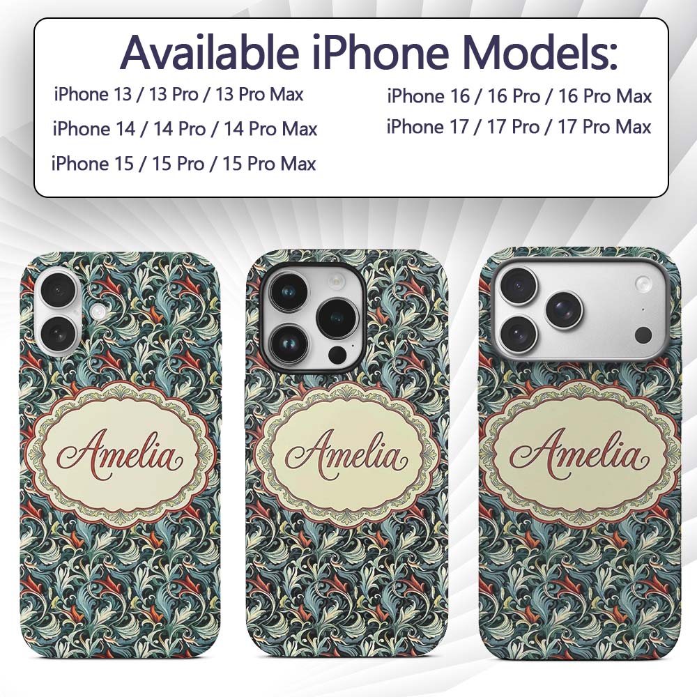 Elegant Vintage Floral Blue Cream Ornate Seamless Custom Name Protective Phone Case Mobile Cover Durable Everyday Smartphone Shock Resistant