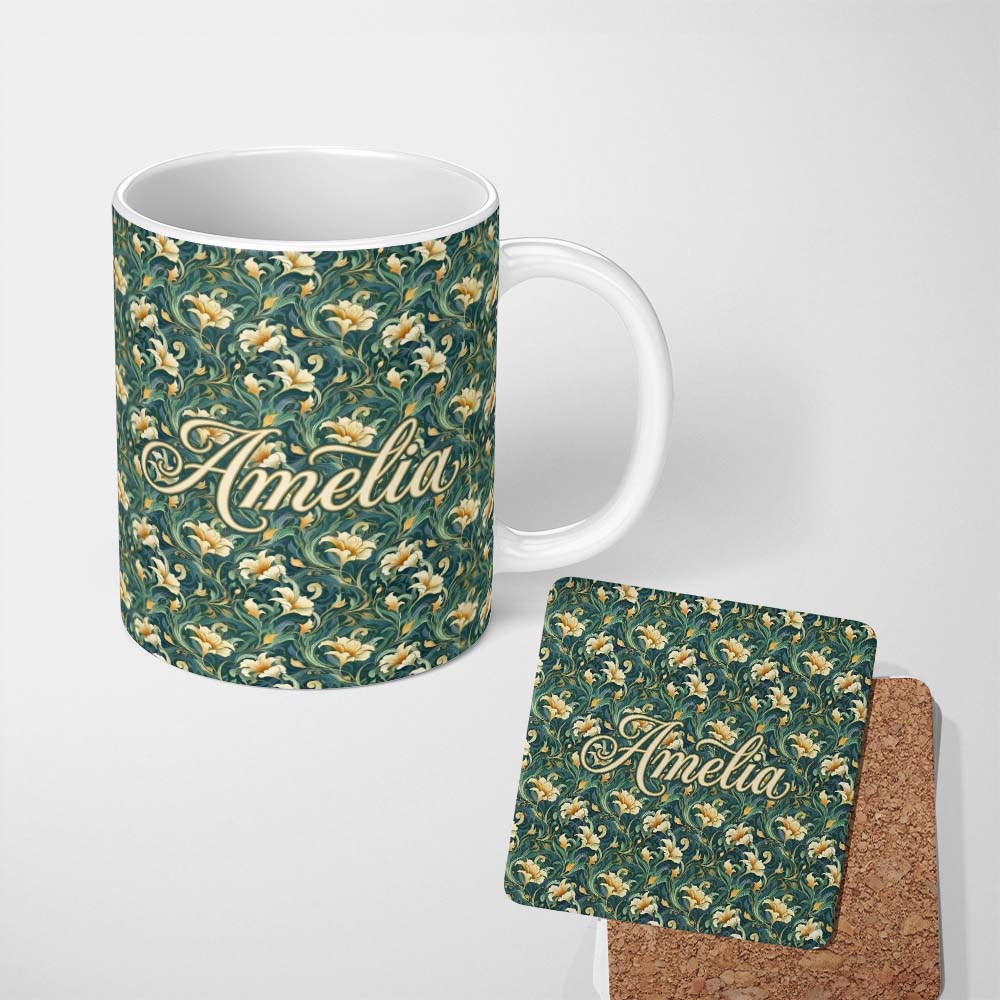 Personalized Custom Name Elegant Vintage Floral Gold Teal Luxury Seamless Pattern Name Cute 11oz Ceramic Coffee Tea Mug White Large Handle