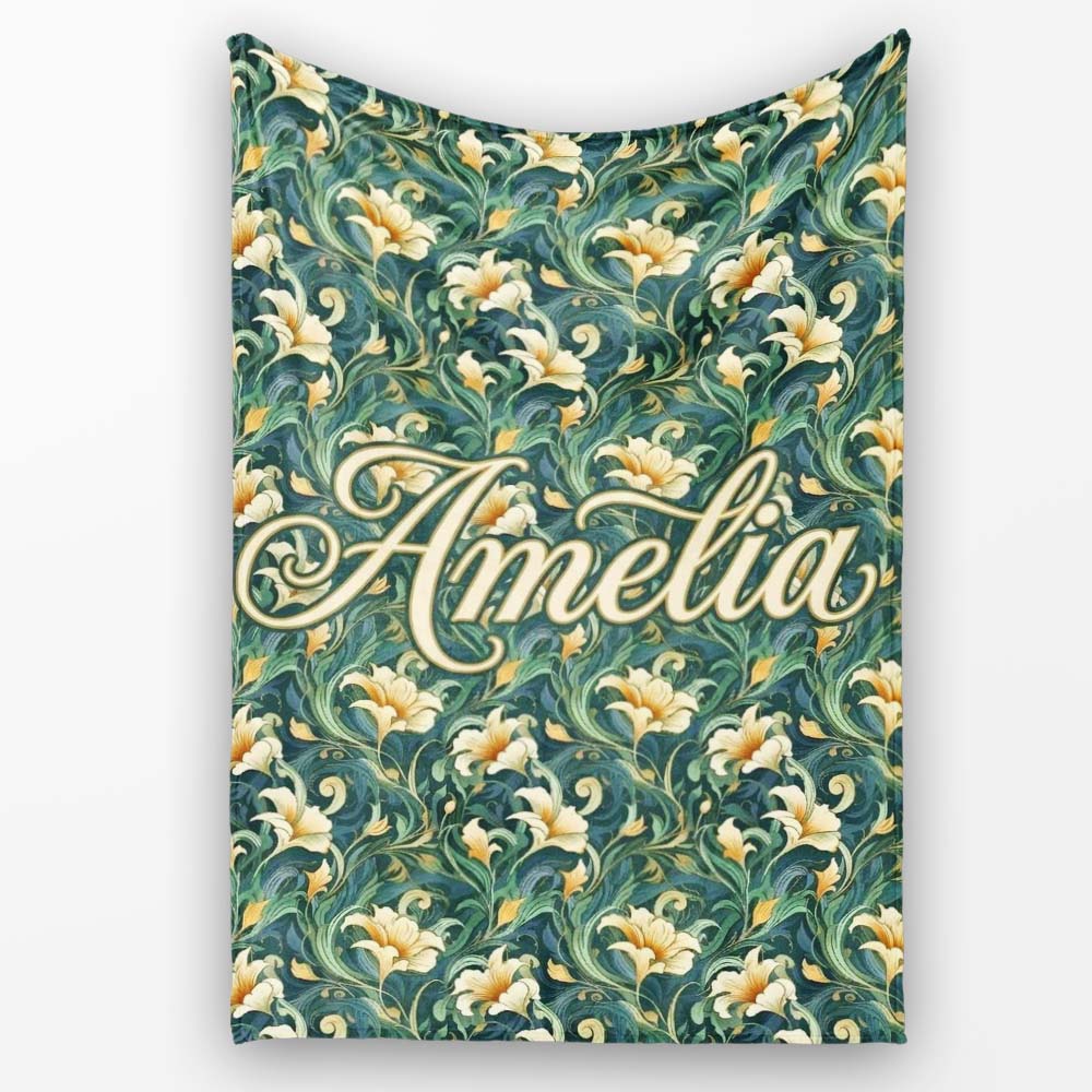 Elegant Vintage Floral Gold Teal Luxury Seamless Pattern Name Cute Personalised Custom Name Super Soft Fleece Blanket Bed Sofa Throw