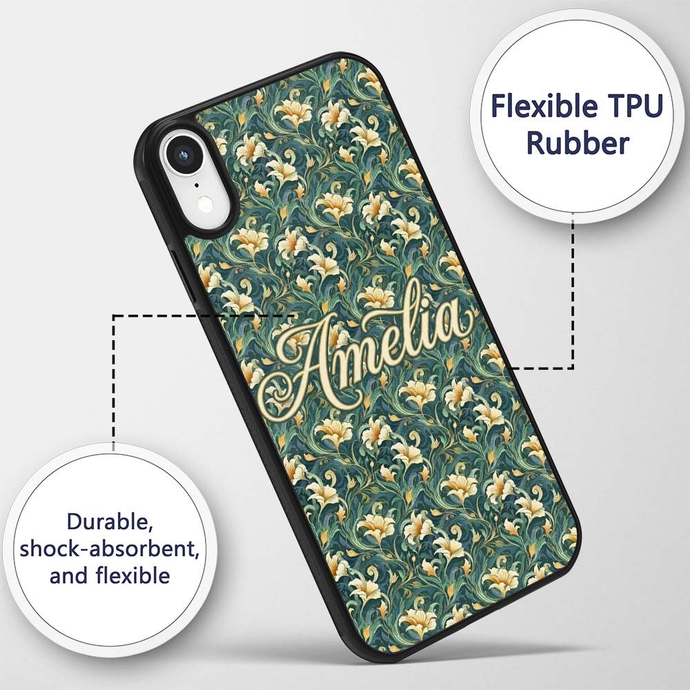 Elegant Vintage Floral Gold Teal Luxury Seamless Custom Name Protective Phone Case Mobile Cover Durable Everyday Smartphone Shock Resistant