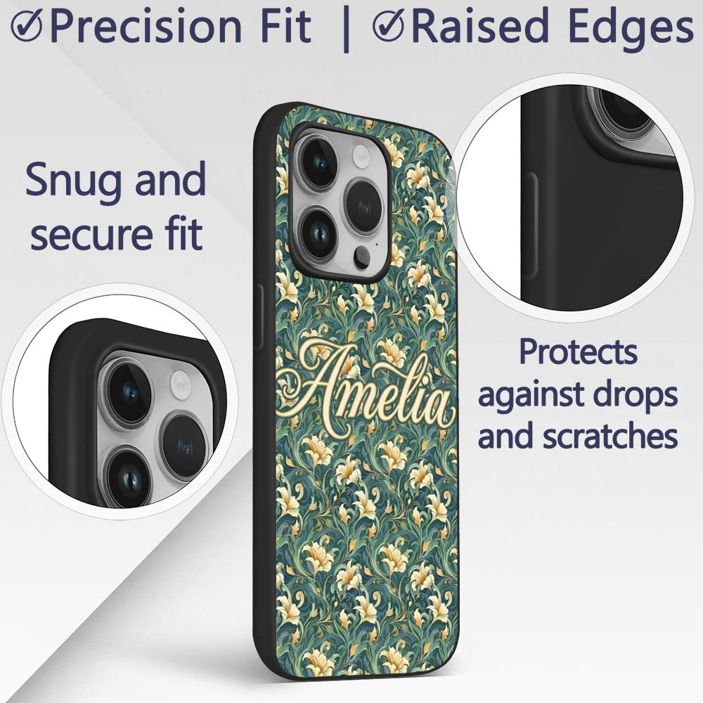 Elegant Vintage Floral Gold Teal Luxury Seamless Custom Name Protective Phone Case Mobile Cover Durable Everyday Smartphone Shock Resistant