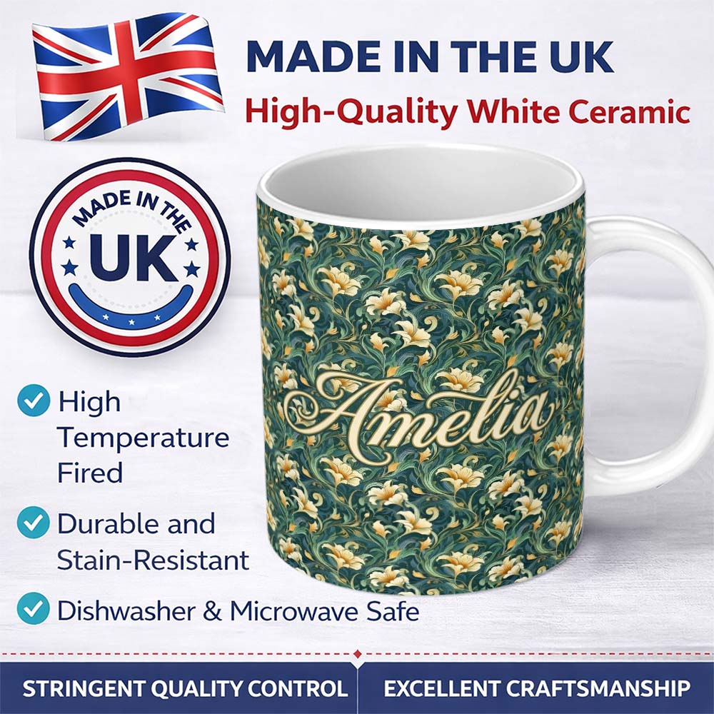 Personalized Custom Name Elegant Vintage Floral Gold Teal Luxury Seamless Pattern Name Cute 11oz Ceramic Coffee Tea Mug White Large Handle