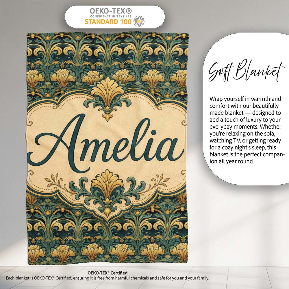 Elegant Vintage Floral Classic Green Gold Seamless Pattern Name Cute Personalised Custom Name Super Soft Fleece Blanket Bed Sofa Throw