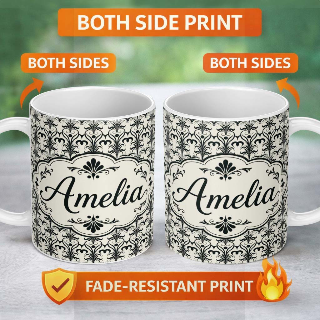 Personalized Custom Name Elegant Black White Damask Floral Seamless Pattern Name Cute Unique 11oz Ceramic Coffee Tea Mug White Large Handle