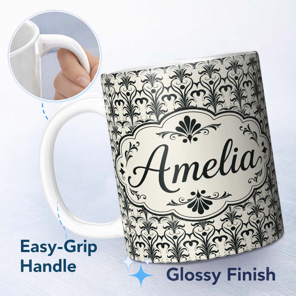 Personalized Custom Name Elegant Black White Damask Floral Seamless Pattern Name Cute Unique 11oz Ceramic Coffee Tea Mug White Large Handle