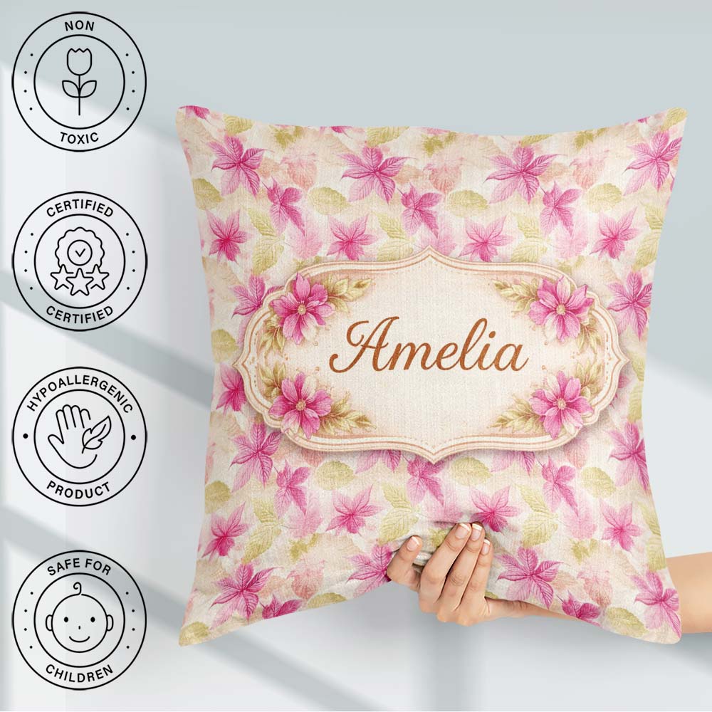 Custom Name Vibrant Red Yellow Poinsettia Floral Seamless Lovely Square Filled Cushion Throw Pillow Sofa Bed Home Decor Zip Washable UK Made