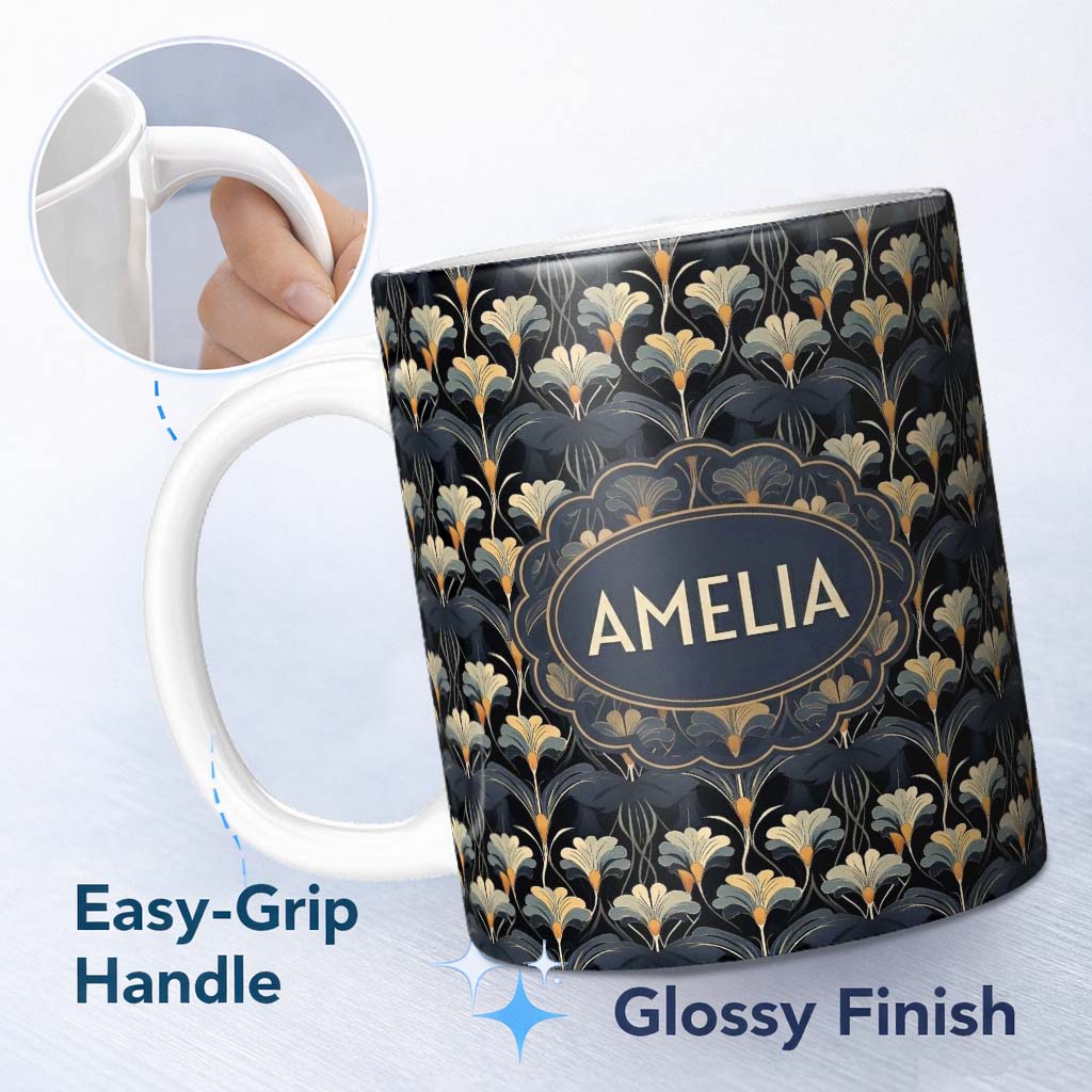 Personalized Custom Name Art Deco Fan Floral Blue Gold Seamless Pattern Name Cute Unique Gift 11oz Ceramic Coffee Tea Mug White Large Handle