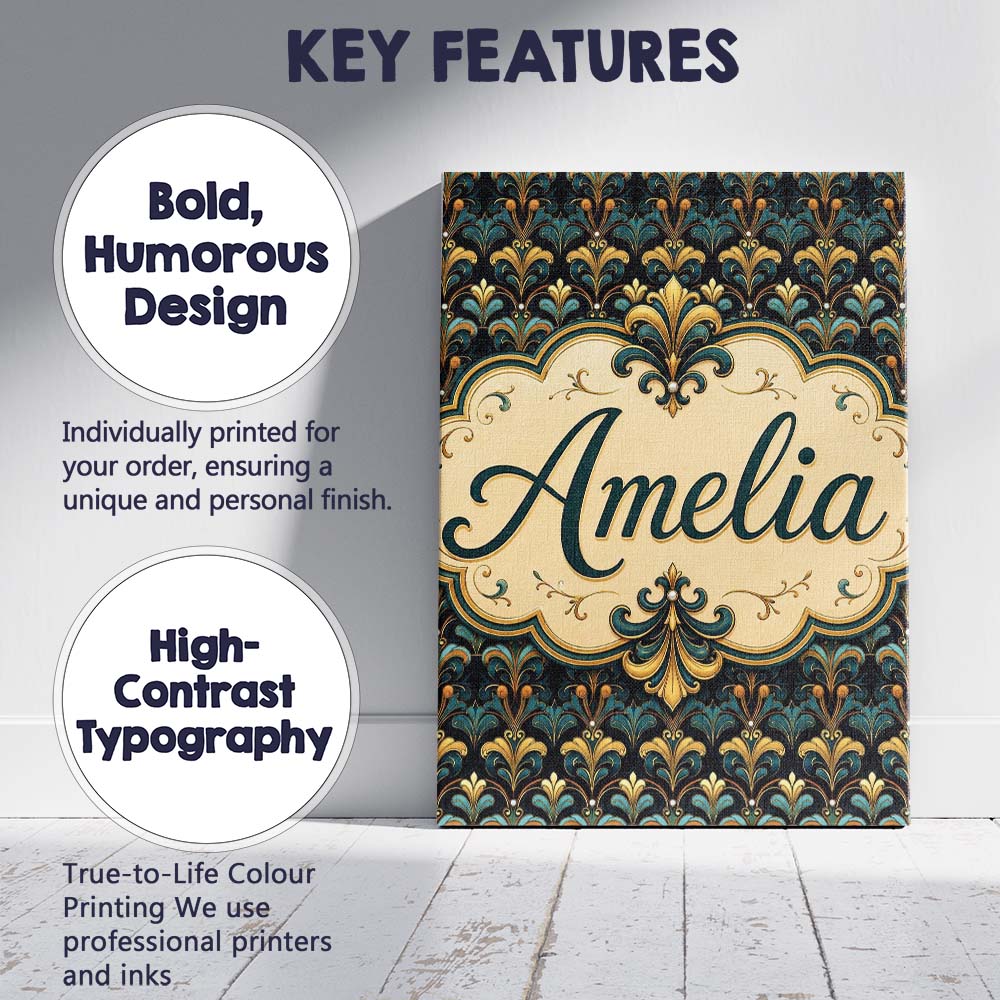 Personalised Name Luxury Teal Gold Ornate Custom Unique Gift Idea Elegant Feature Canvas Wall Art Print Decor Picture Ready to Hang