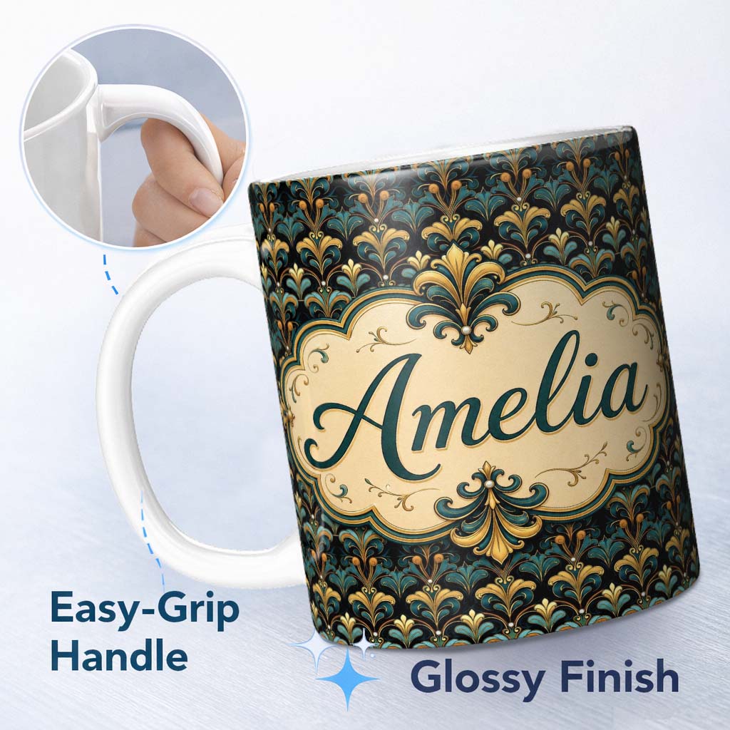 Personalized Custom Name Luxury Teal Gold Ornate Damask Seamless Pattern Name Cute Unique 11oz Ceramic Coffee Tea Mug White Large Handle