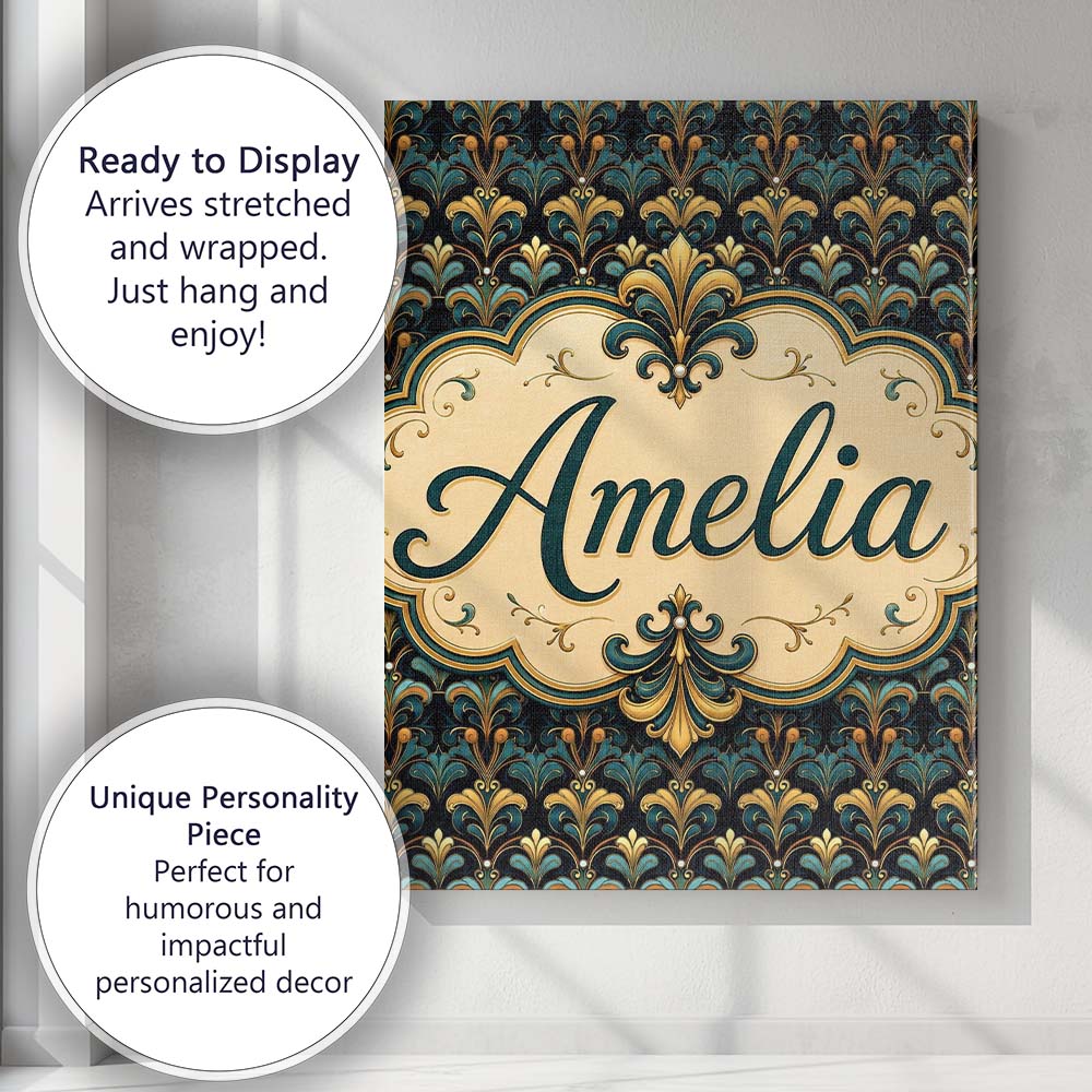 Personalised Name Luxury Teal Gold Ornate Custom Unique Gift Idea Elegant Feature Canvas Wall Art Print Decor Picture Ready to Hang