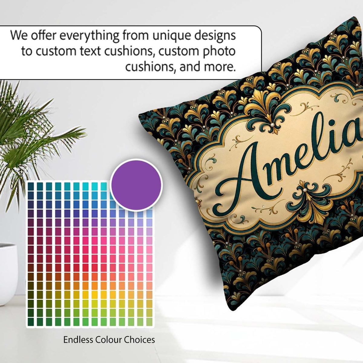Custom Name Luxury Teal Gold Ornate Damask Seamless Pattern Name Square Filled Cushion Throw Pillow Sofa Bed Home Decor Zip Washable UK Made
