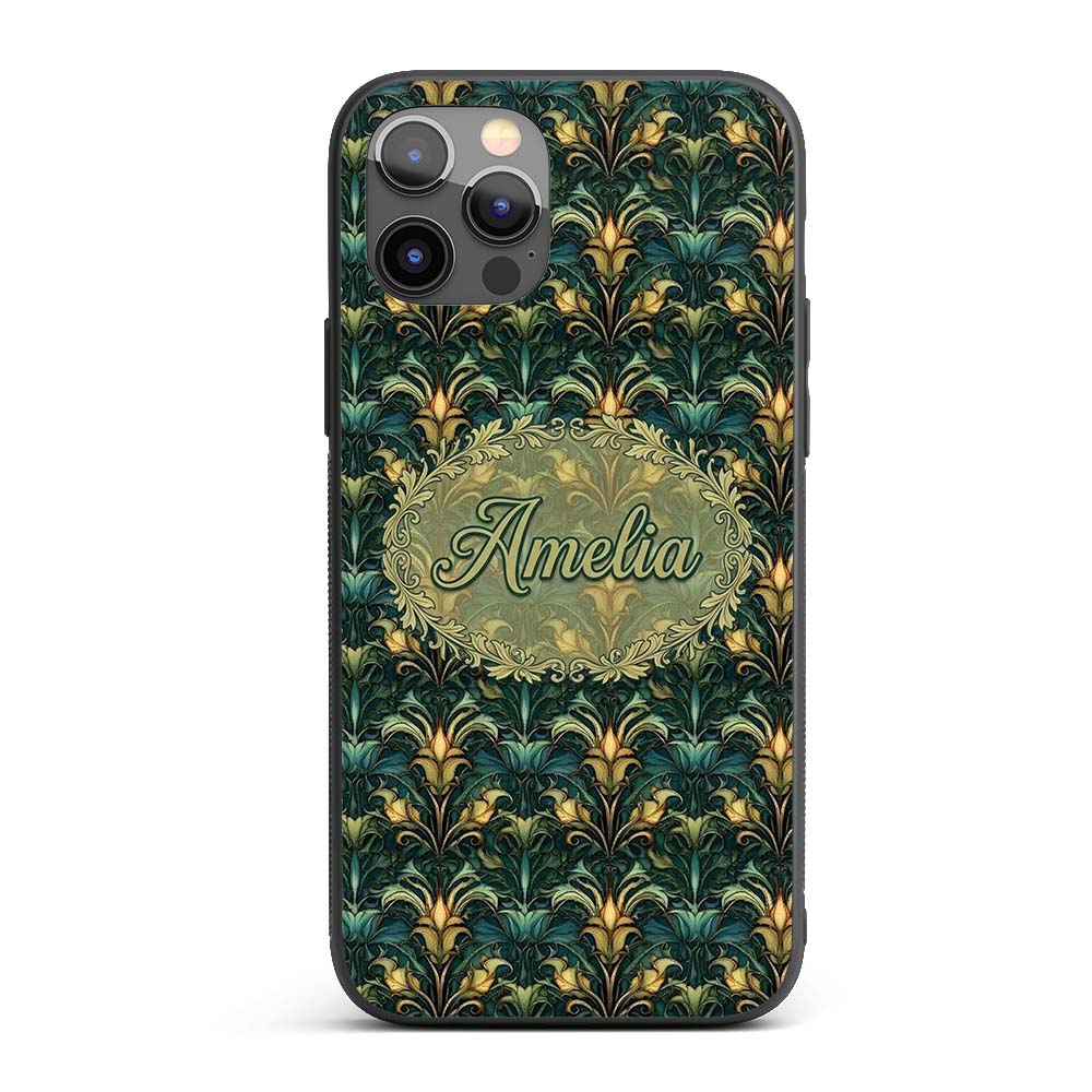 Art Nouveau Teal Gold Botanical Seamless Pattern Custom Name Protective Phone Case Mobile Cover Durable Everyday Smartphone Shock Resistant