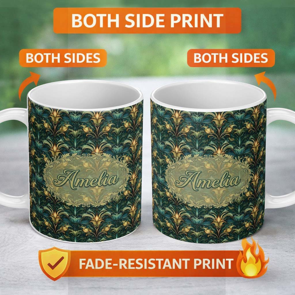 Personalized Custom Name Art Nouveau Teal Gold Botanical Seamless Pattern Name Cute Unique 11oz Ceramic Coffee Tea Mug White Large Handle