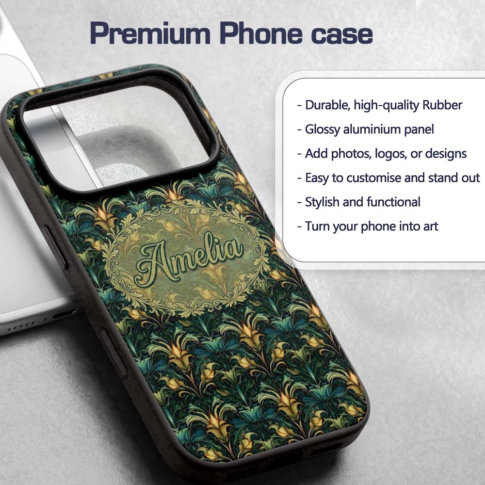 Art Nouveau Teal Gold Botanical Seamless Pattern Custom Name Protective Phone Case Mobile Cover Durable Everyday Smartphone Shock Resistant