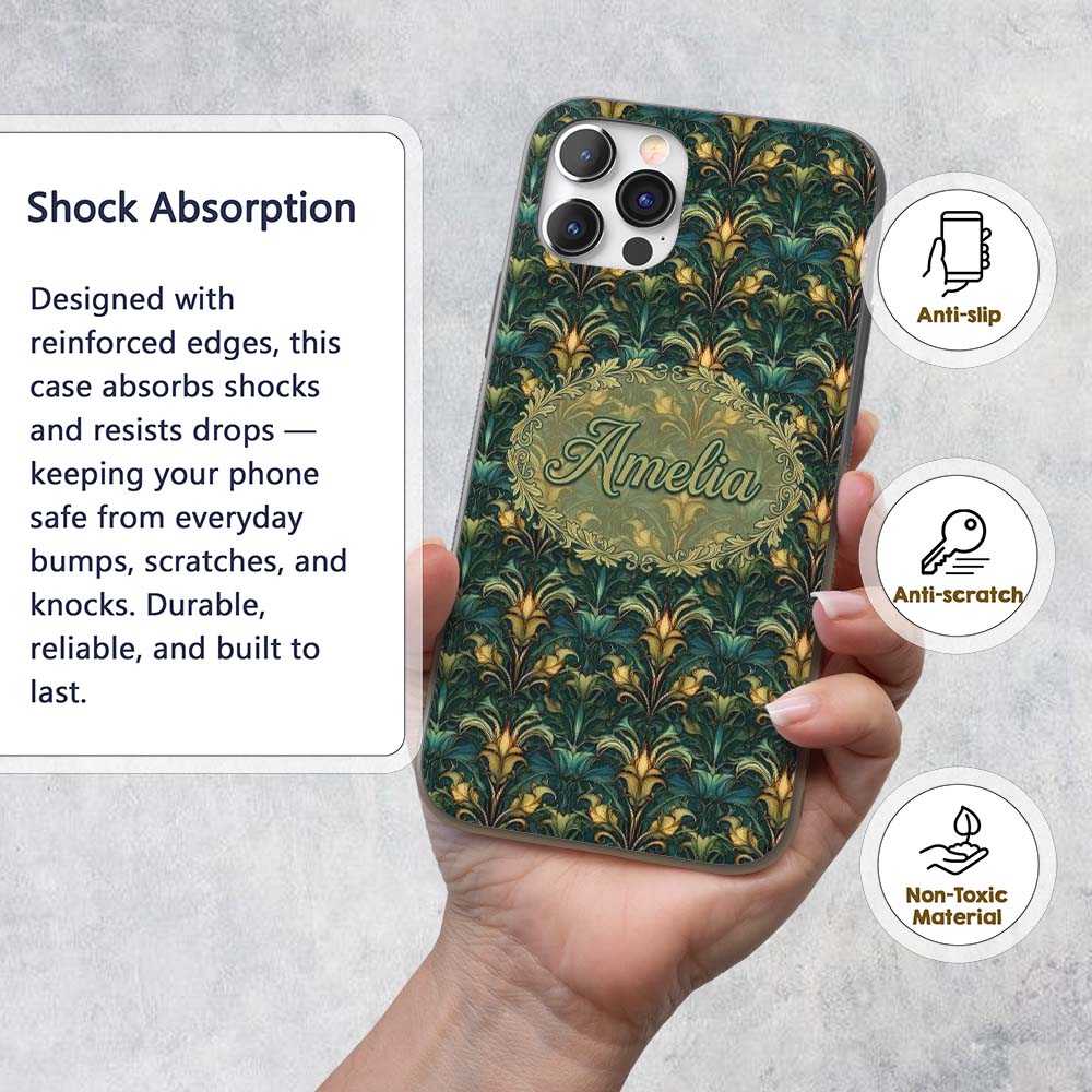 Art Nouveau Teal Gold Botanical Seamless Pattern Custom Name Protective Phone Case Mobile Cover Durable Everyday Smartphone Shock Resistant